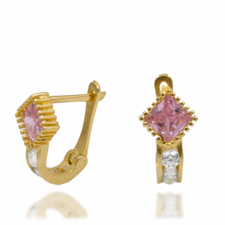 Kolczyki Złote z Dużą Różową i Małymi Białymi Cyrkoniami