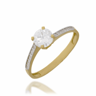 Złoty Pierścionek z Okrągłą Cyrkonią i Dwoma Rzędami Drobnych Kamieni