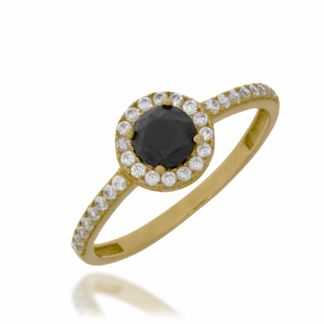 Złoty Pierścionek z Czarnym Kamieniem i Otoczką Cyrkonii