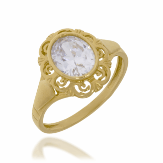 Złoty Pierścionek z Dużą Cyrkonią i Ornamentem Ażurowym