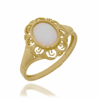 Złoty Pierścionek z Opalem i Ornamentem Ażurowym
