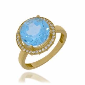Pierścionek Złoty z Topazem Błękitnym i Cyrkoniami