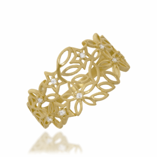 Złoty Pierścionek Ażurowy Liście i Kwiaty z Cyrkoniami