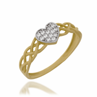 Złoty Pierścionek Ażurowy Splot z Sercem z Cyrkoniami