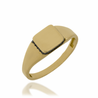 Złoty Pierścionek Sygnet z Kwadratową Tarczą i Czarnymi Cyrkoniami