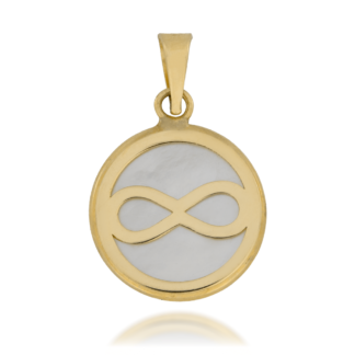 Zawieszka Złoty Znak Nieskończoności w Okrągłej Ramce na Perłowym Tle
