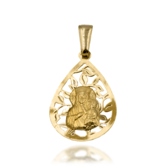 Złoty Medalik Ażurowy W Kształcie Kropli Z Matką Boską i Dzieciątkiem