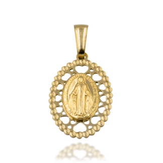 Złoty Medalik Owalny Matka Boska z Ażurową Ramką z Serc
