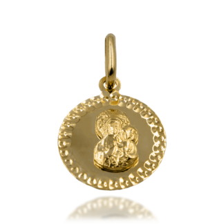 Złoty Medalik Okrągły z Reliefem Maryi i Ozdobnym Rantem