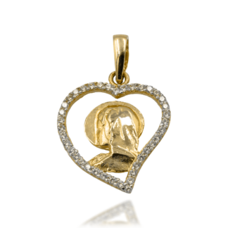 Złoty Medalik Serce z Wizerunkiem Maryi i Cyrkoniami