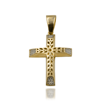 Złoty Krzyżyk z Ażurowym Wzorem i Białymi Kamieniami