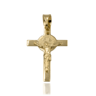 Złoty Krzyżyk z Reliefem Chrystusa i Ozdobną Tarcza
