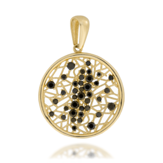Zawieszka Złota Ażurowa Okrągła Wysadzana Czarnymi Cyrkoniami o Różnej Wielkości Tworzącymi Nieregularny Wzór